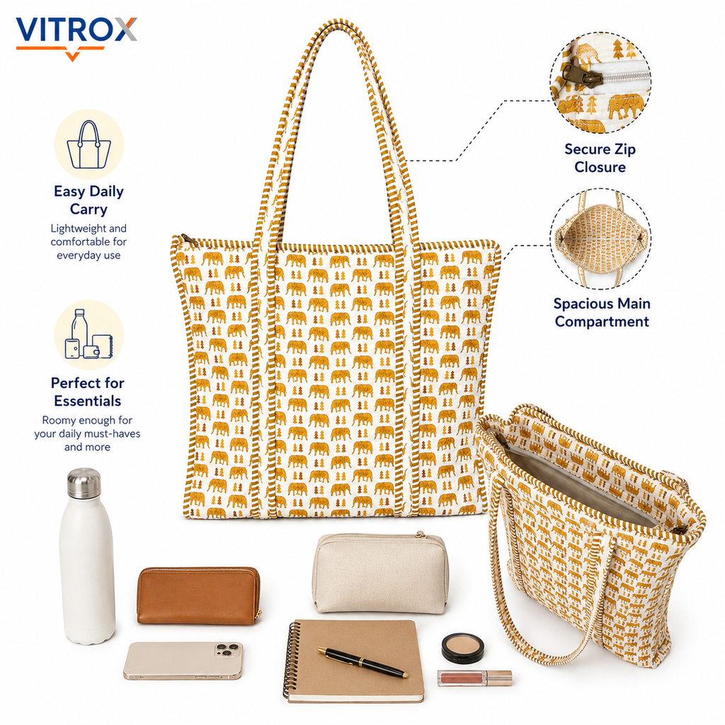Elephant Print Quilted Tote Bag for Women