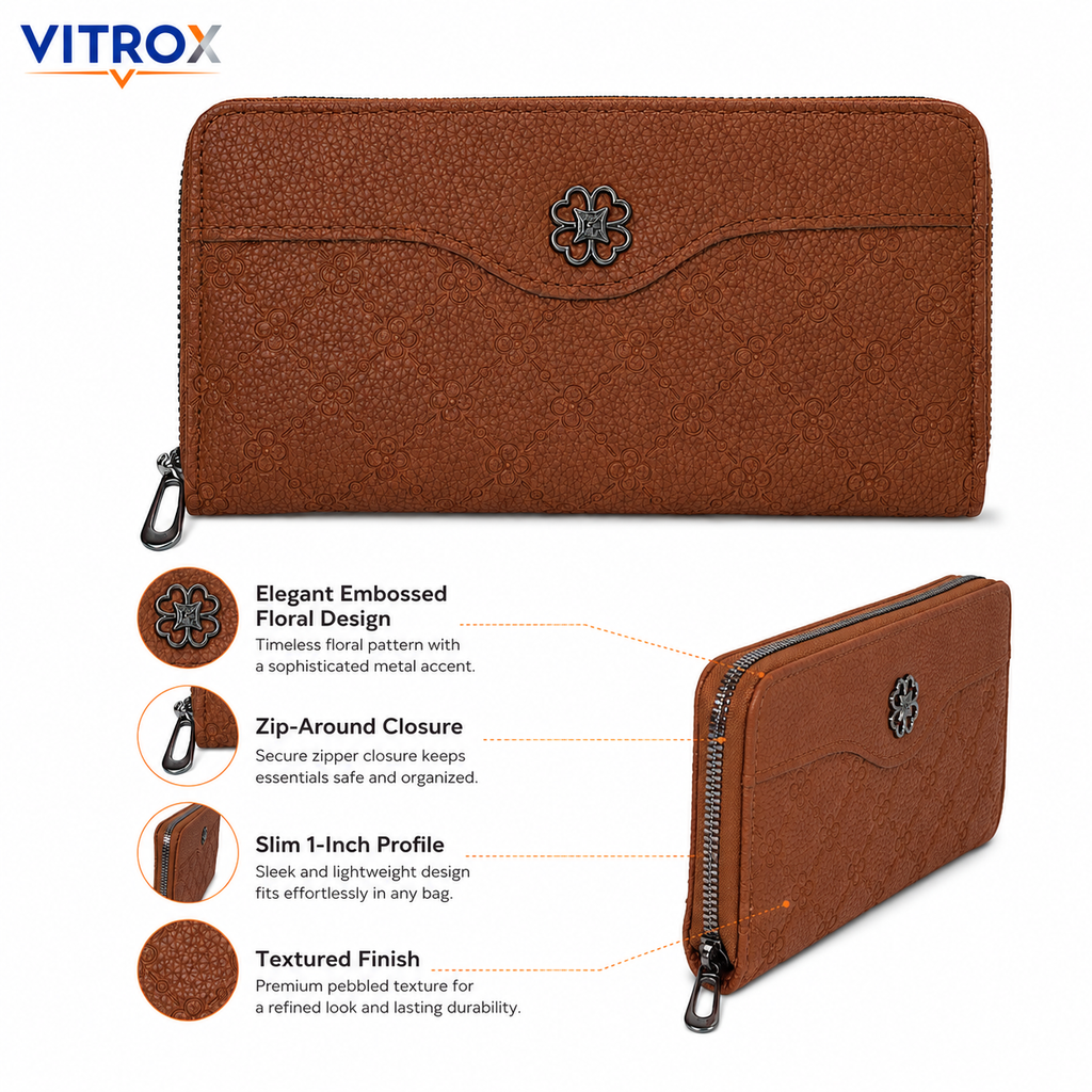 Women’s Embossed Floral Zip-Around Wallet Clutch
