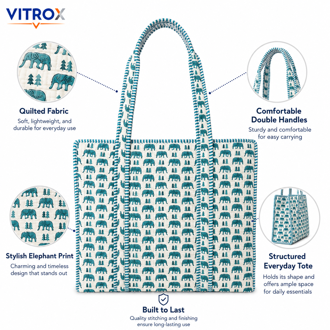 Quilted Elephant Print Tote Bag