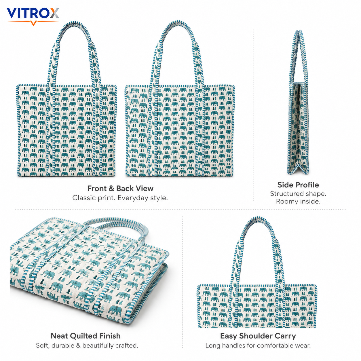Quilted Elephant Print Tote Bag