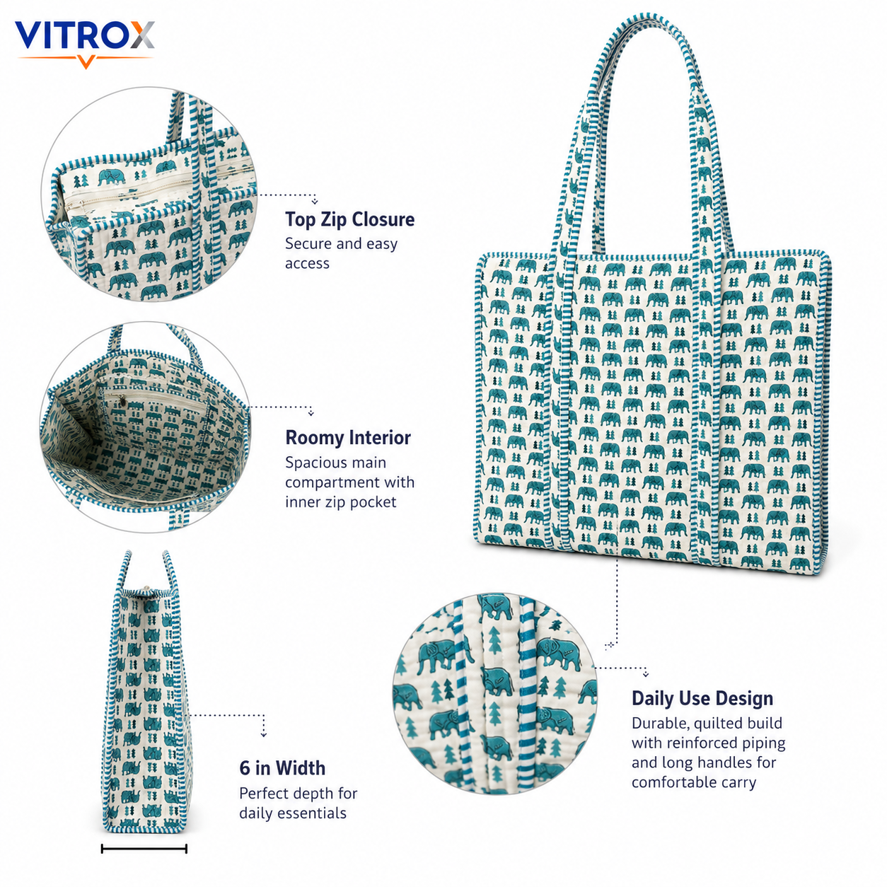 Quilted Elephant Print Tote Bag