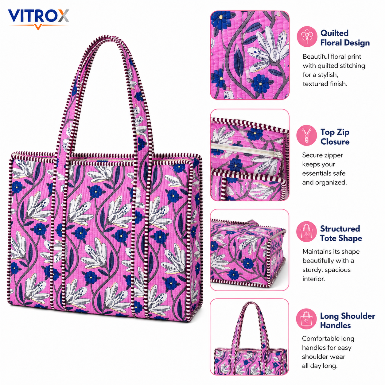Pink Floral Quilted Tote Bag