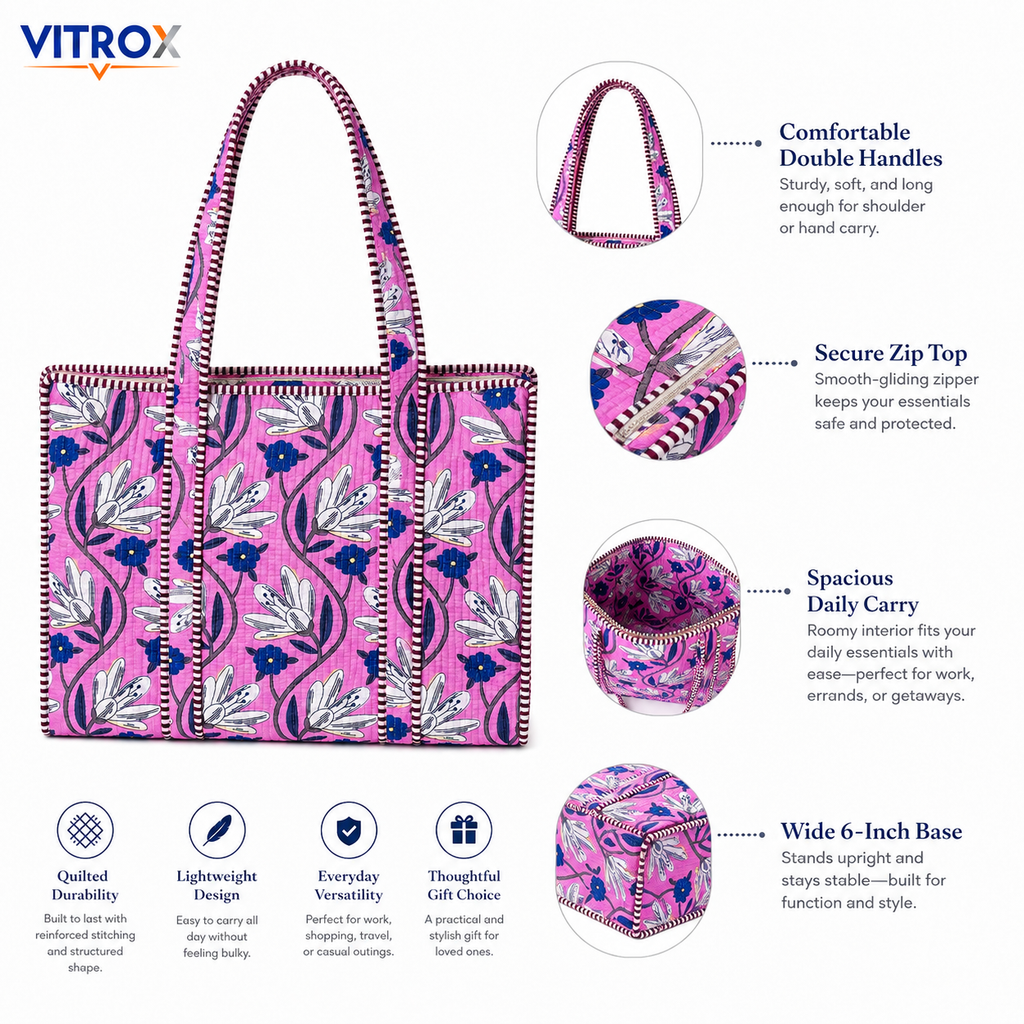 Pink Floral Quilted Tote Bag