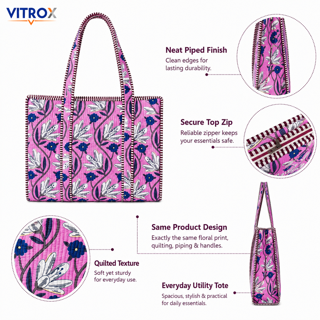 Pink Floral Quilted Tote Bag