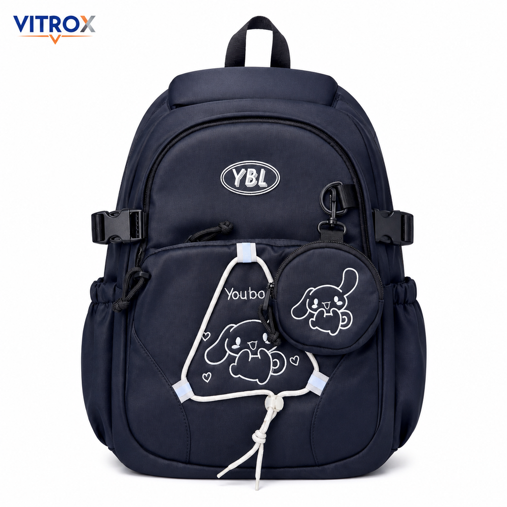 Navy Blue Multi-Pocket Backpack with Cute Round Pouch