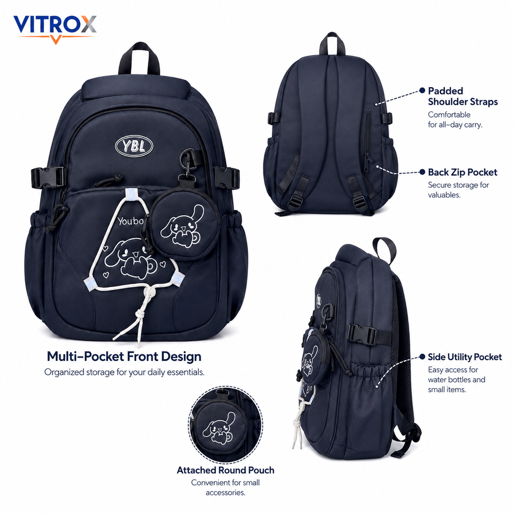 Navy Blue Multi-Pocket Backpack with Cute Round Pouch