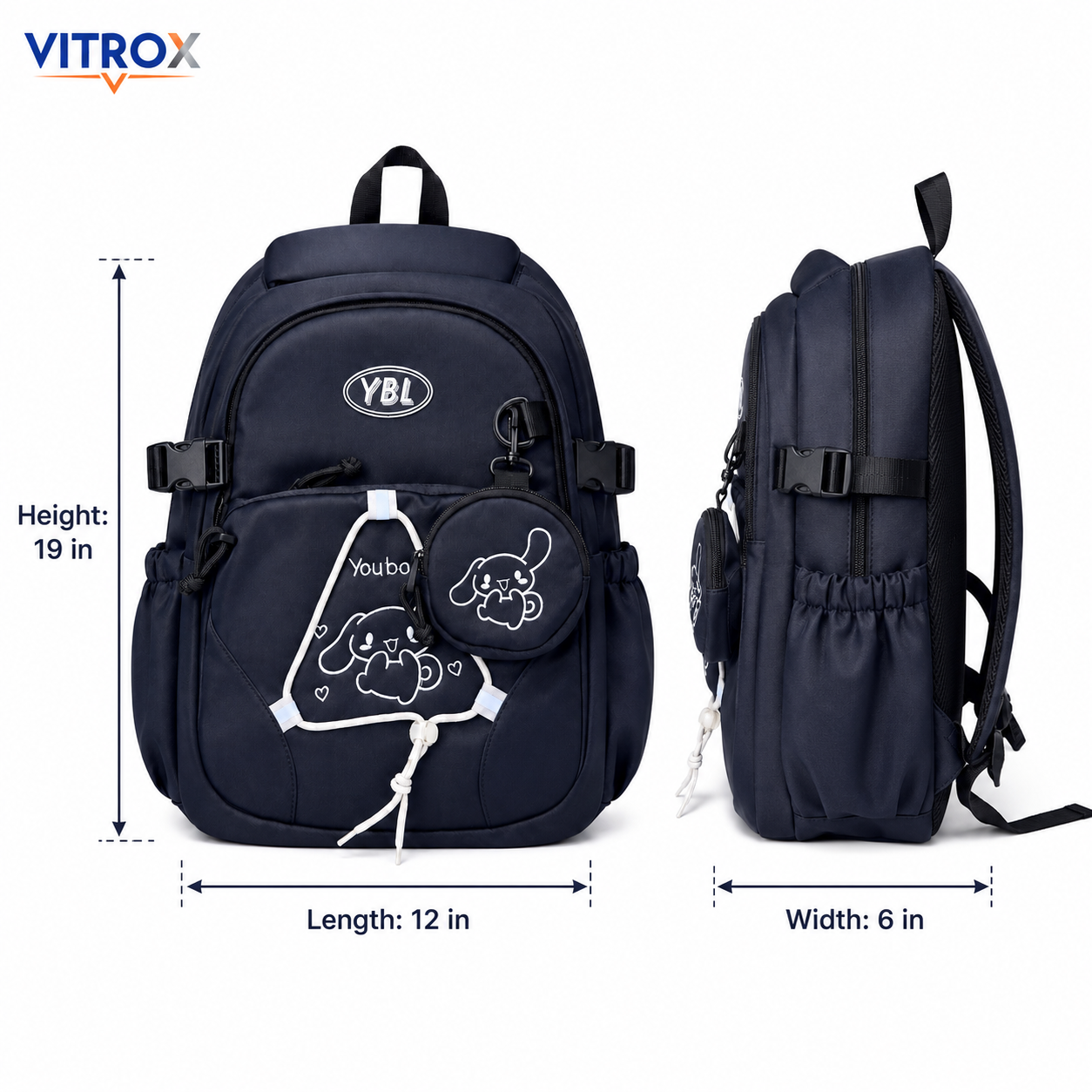 Navy Blue Multi-Pocket Backpack with Cute Round Pouch