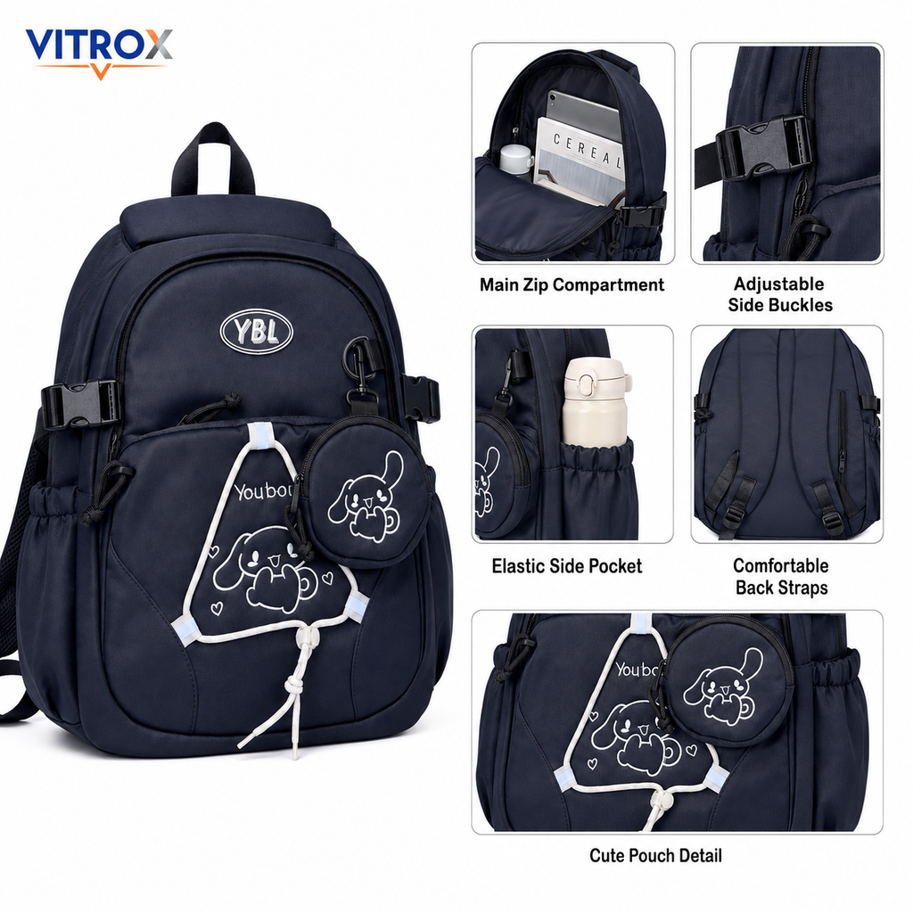 Navy Blue Multi-Pocket Backpack with Cute Round Pouch