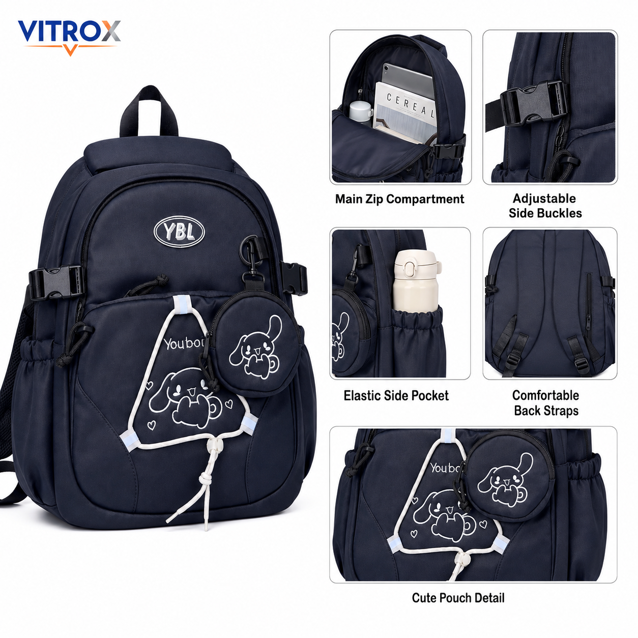 Navy Blue Multi-Pocket Backpack with Cute Round Pouch