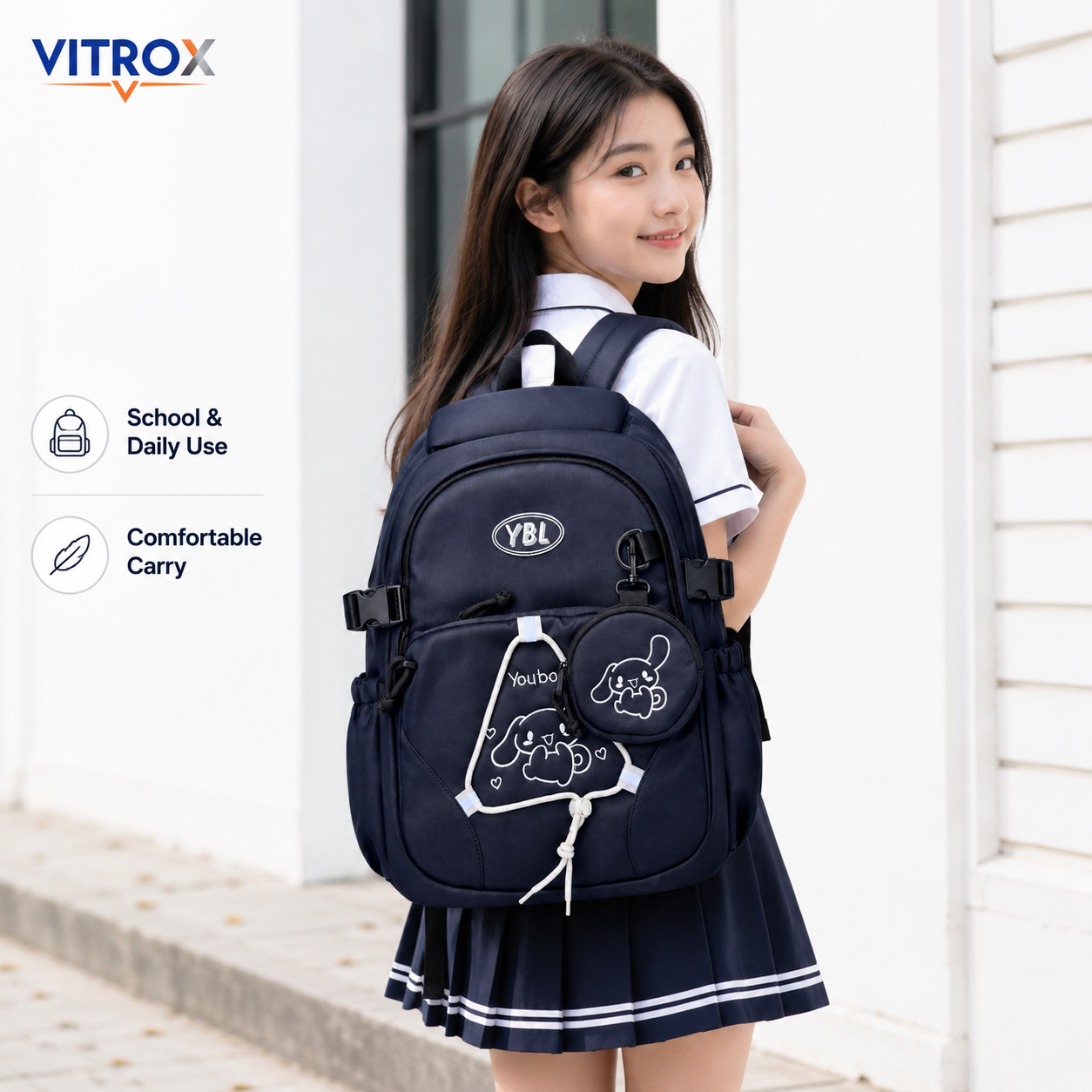 Navy Blue Multi-Pocket Backpack with Cute Round Pouch