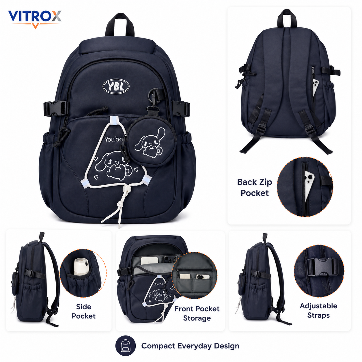 Navy Blue Multi-Pocket Backpack with Cute Round Pouch