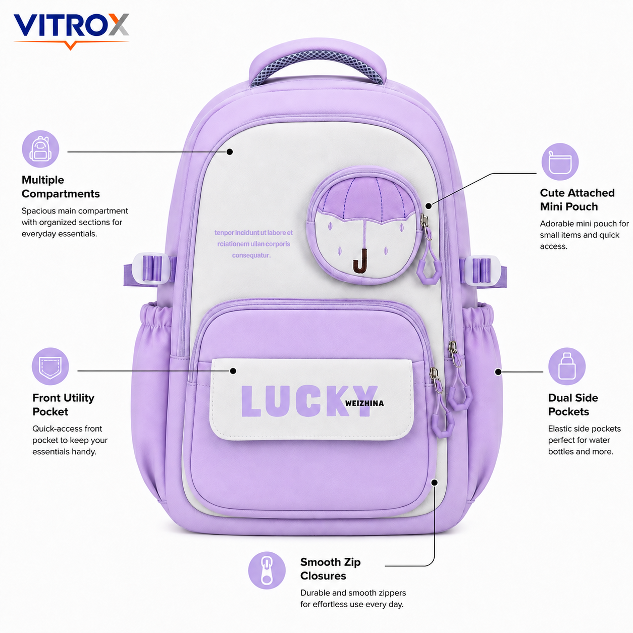 Lavender Multi-Pocket School & College Backpack