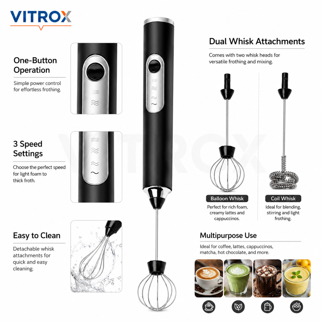 Rechargeable 3-Speed Electric Milk Frother