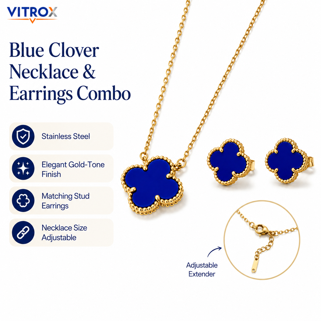 Blue Clover  Necklace & Stud Earrings Combo