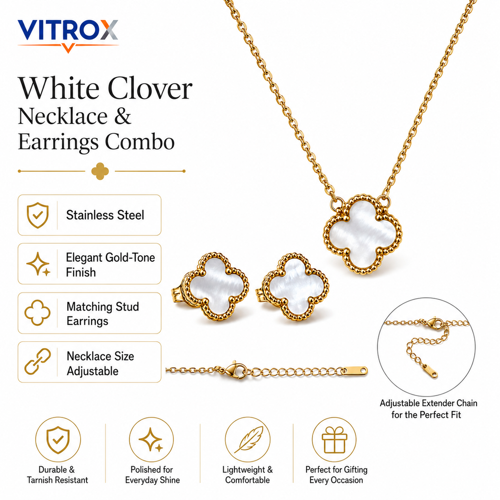 White Clover Stainless Steel Necklace & Stud Earrings Combo