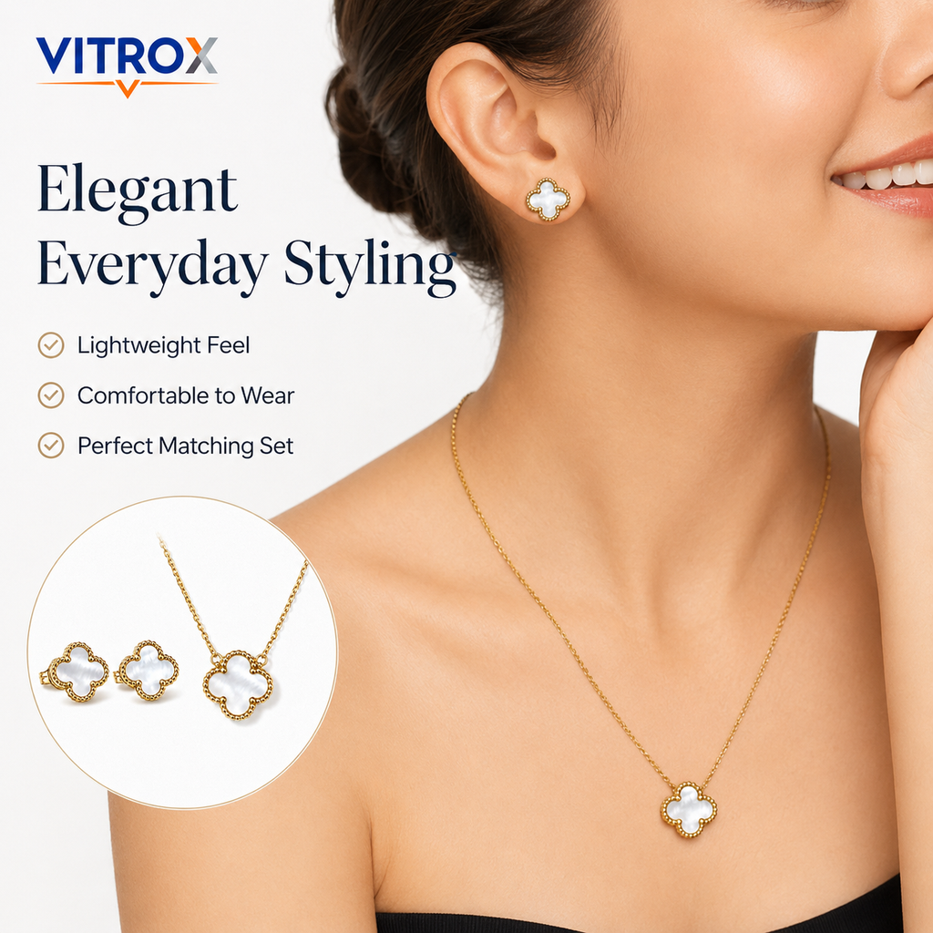 White Clover Stainless Steel Necklace & Stud Earrings Combo