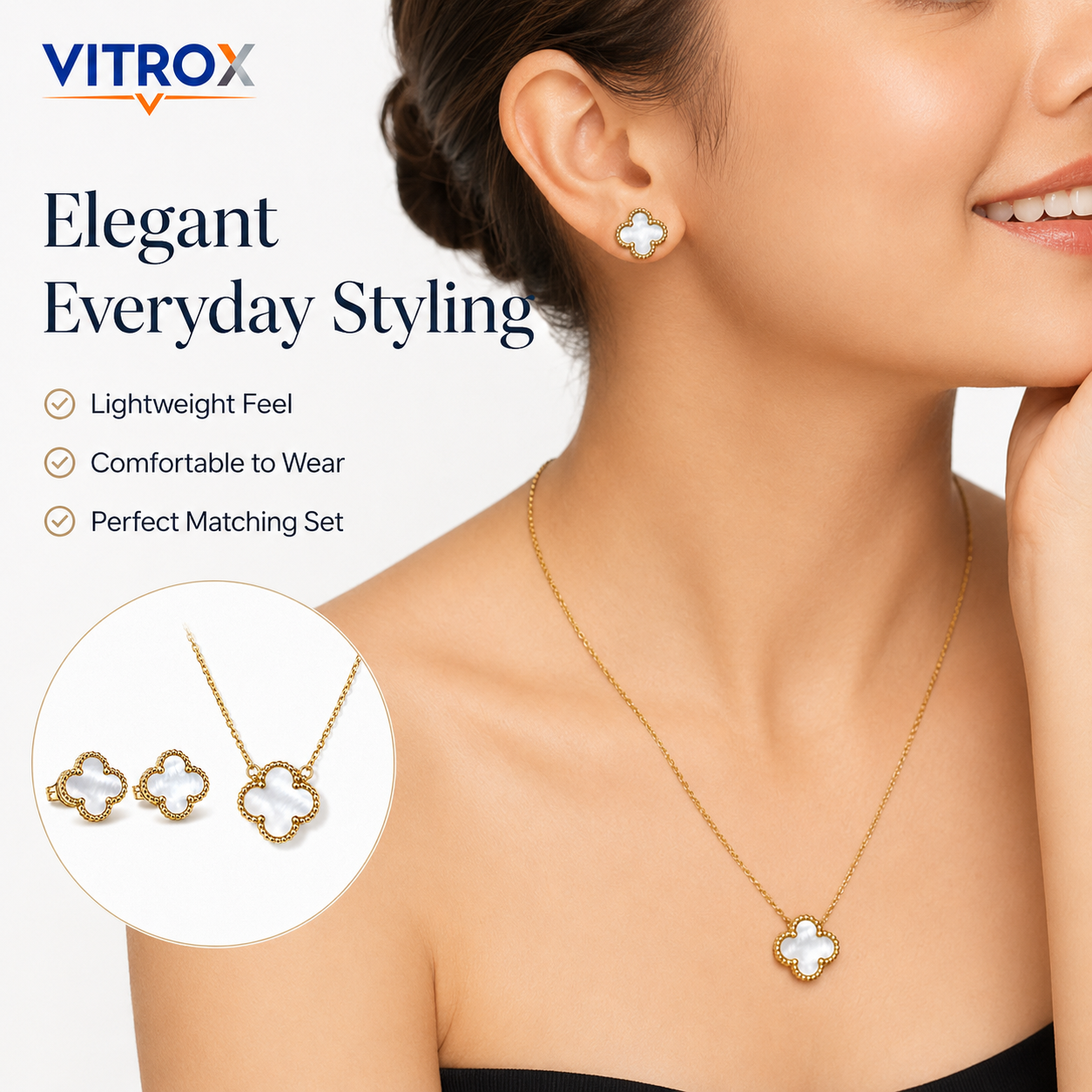 White Clover Stainless Steel Necklace & Stud Earrings Combo