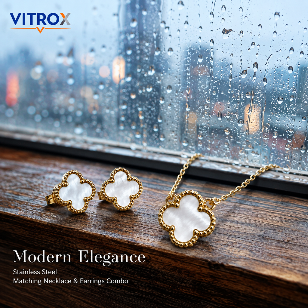 White Clover Stainless Steel Necklace & Stud Earrings Combo