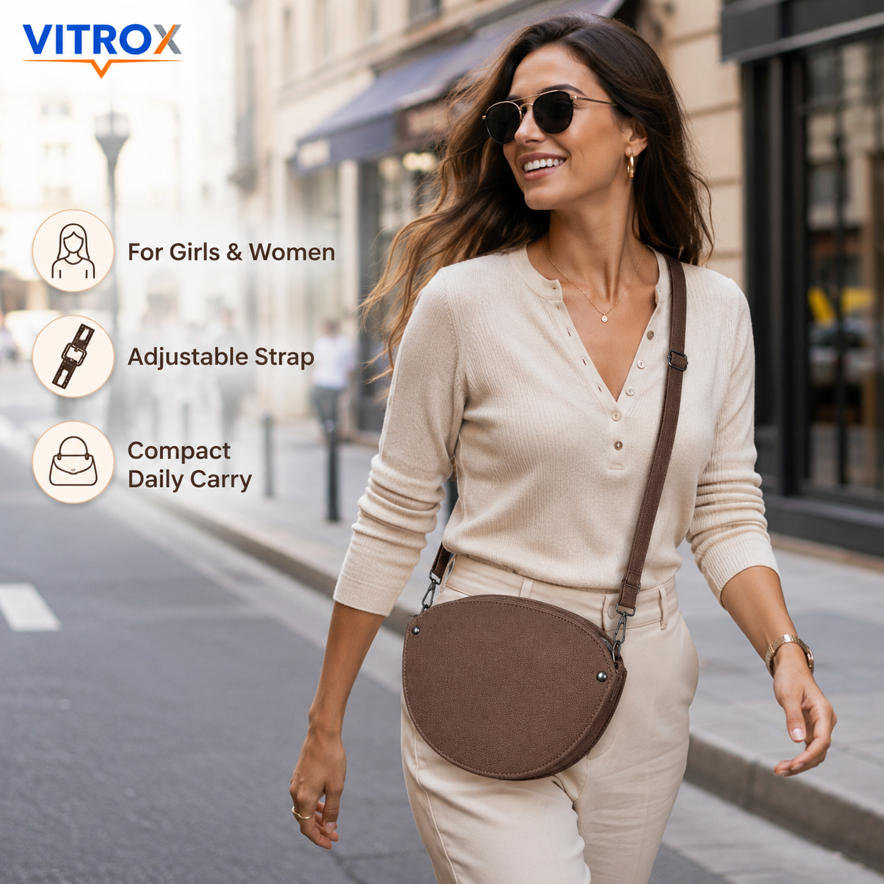 Women’s Half-Moon Crossbody Bag with Adjustable Shoulder Strap – Brown