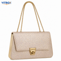 Elegant Light Golden Champagne Glitter Party Handbag with Gold Chain Strap
