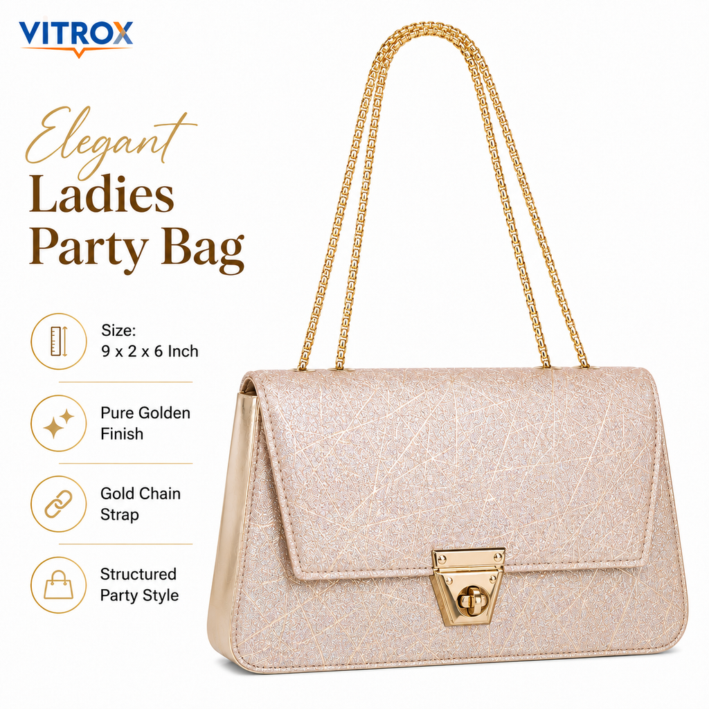 Elegant Light Golden Champagne Glitter Party Handbag with Gold Chain Strap