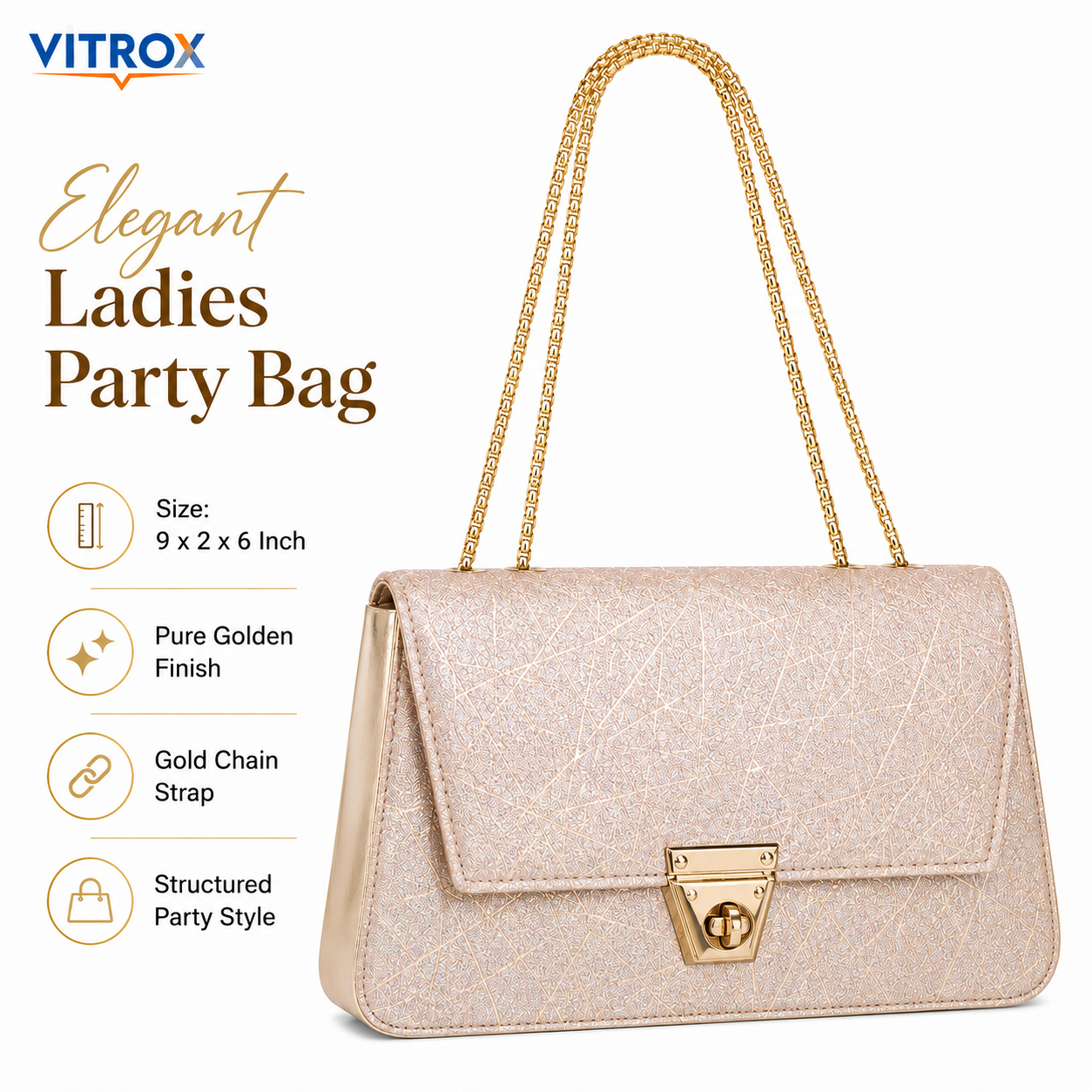 Elegant Light Golden Champagne Glitter Party Handbag with Gold Chain Strap
