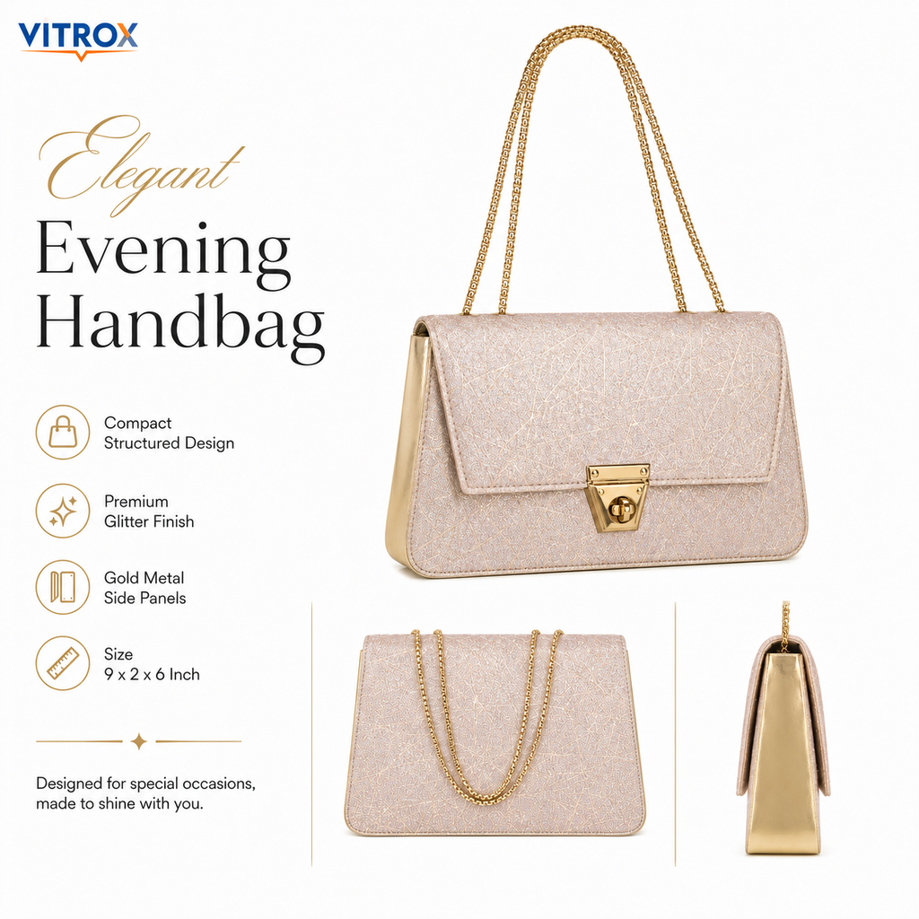 Elegant Light Golden Champagne Glitter Party Handbag with Gold Chain Strap