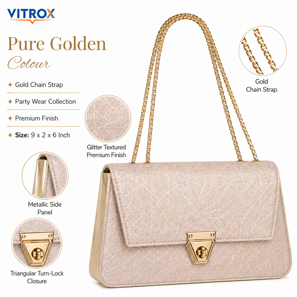Elegant Light Golden Champagne Glitter Party Handbag with Gold Chain Strap