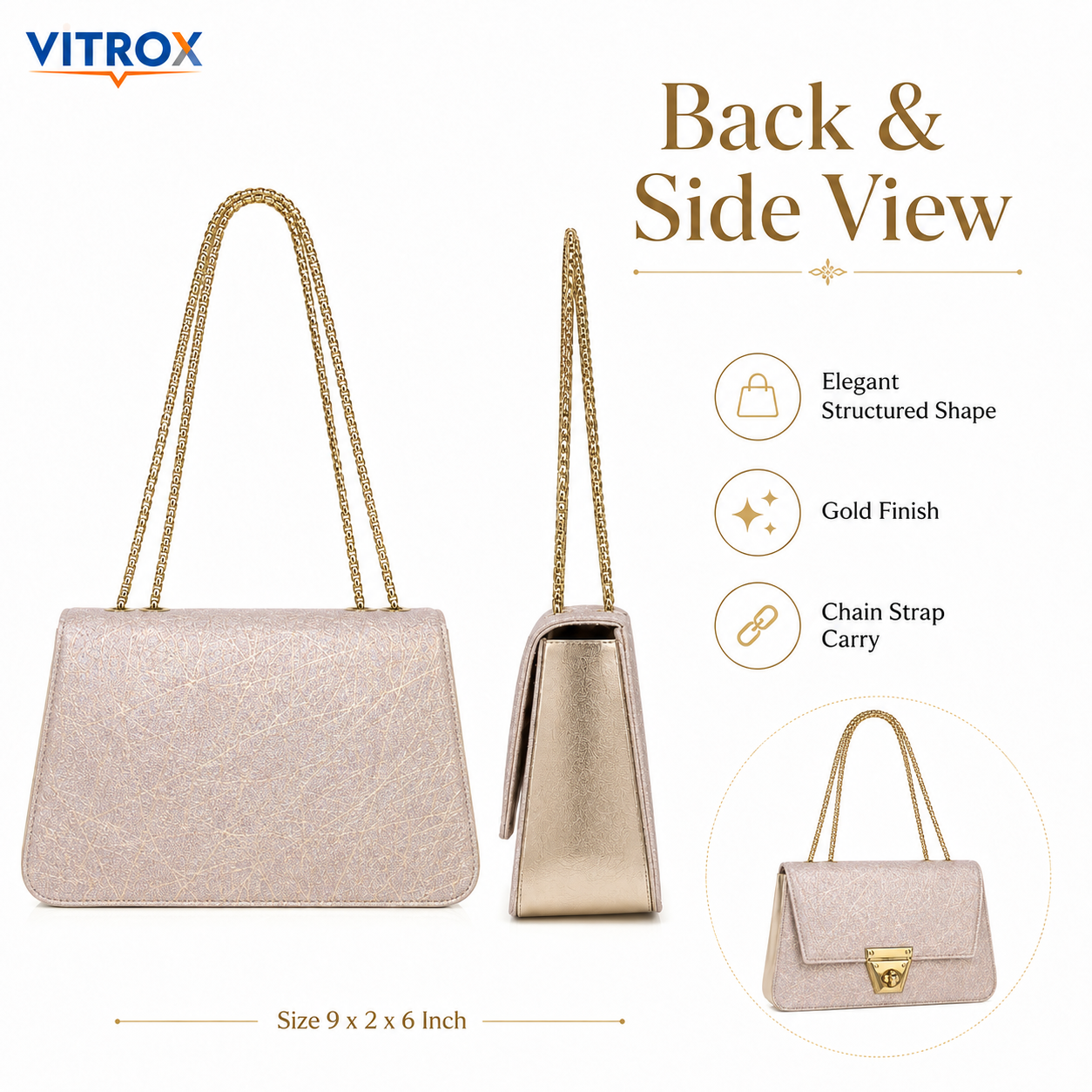 Elegant Light Golden Champagne Glitter Party Handbag with Gold Chain Strap