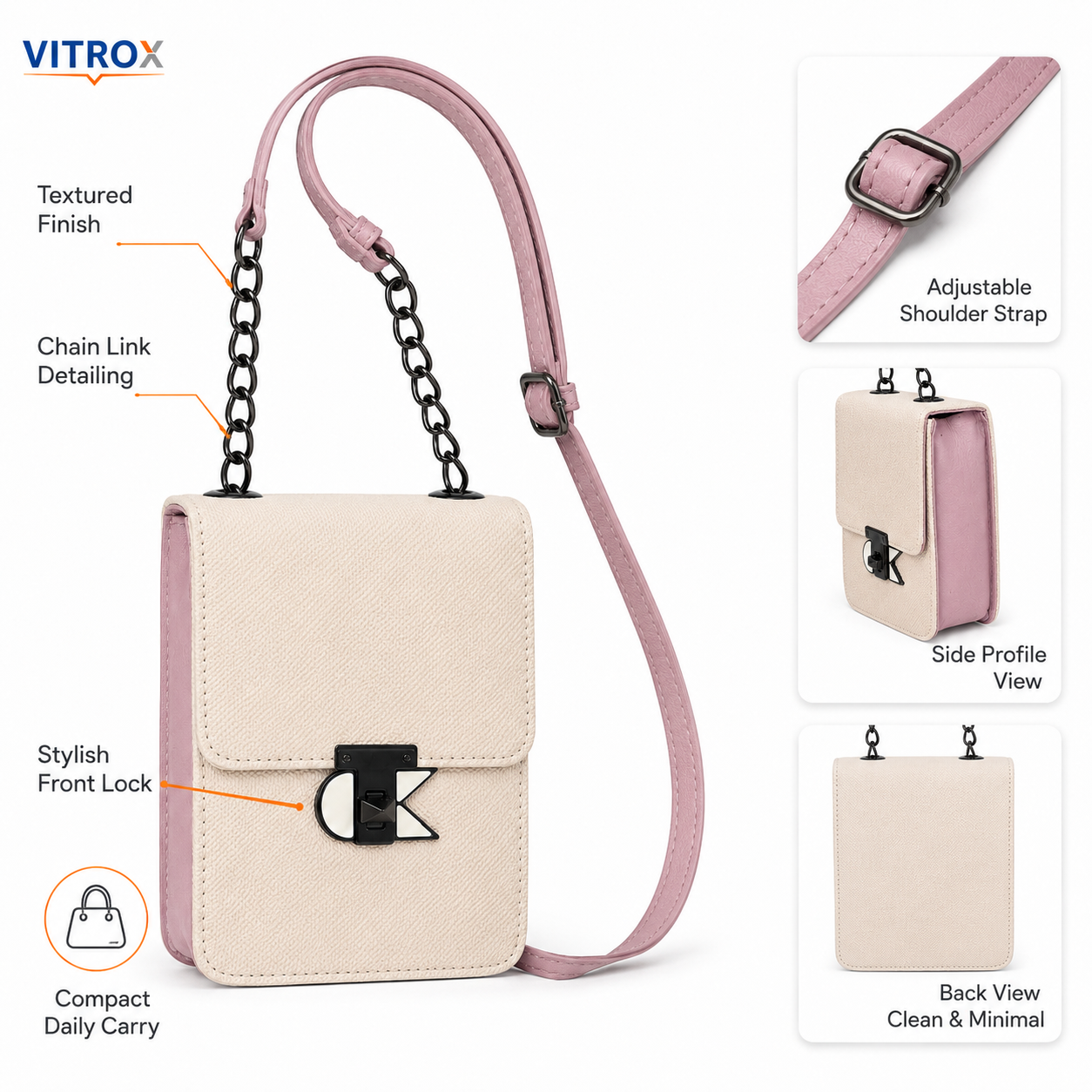 Women’s Compact Off-White &  Dusty Pink Chain Crossbody Bag