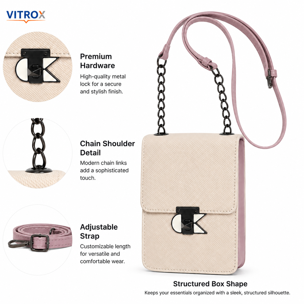 Women’s Compact Off-White &  Dusty Pink Chain Crossbody Bag
