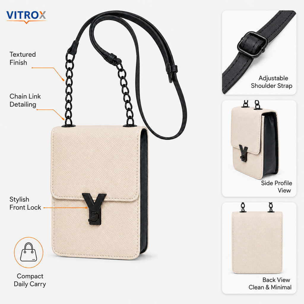 Women’s Cream & Black Textured Mini Crossbody Bag with Chain Detail and Adjustable Strap