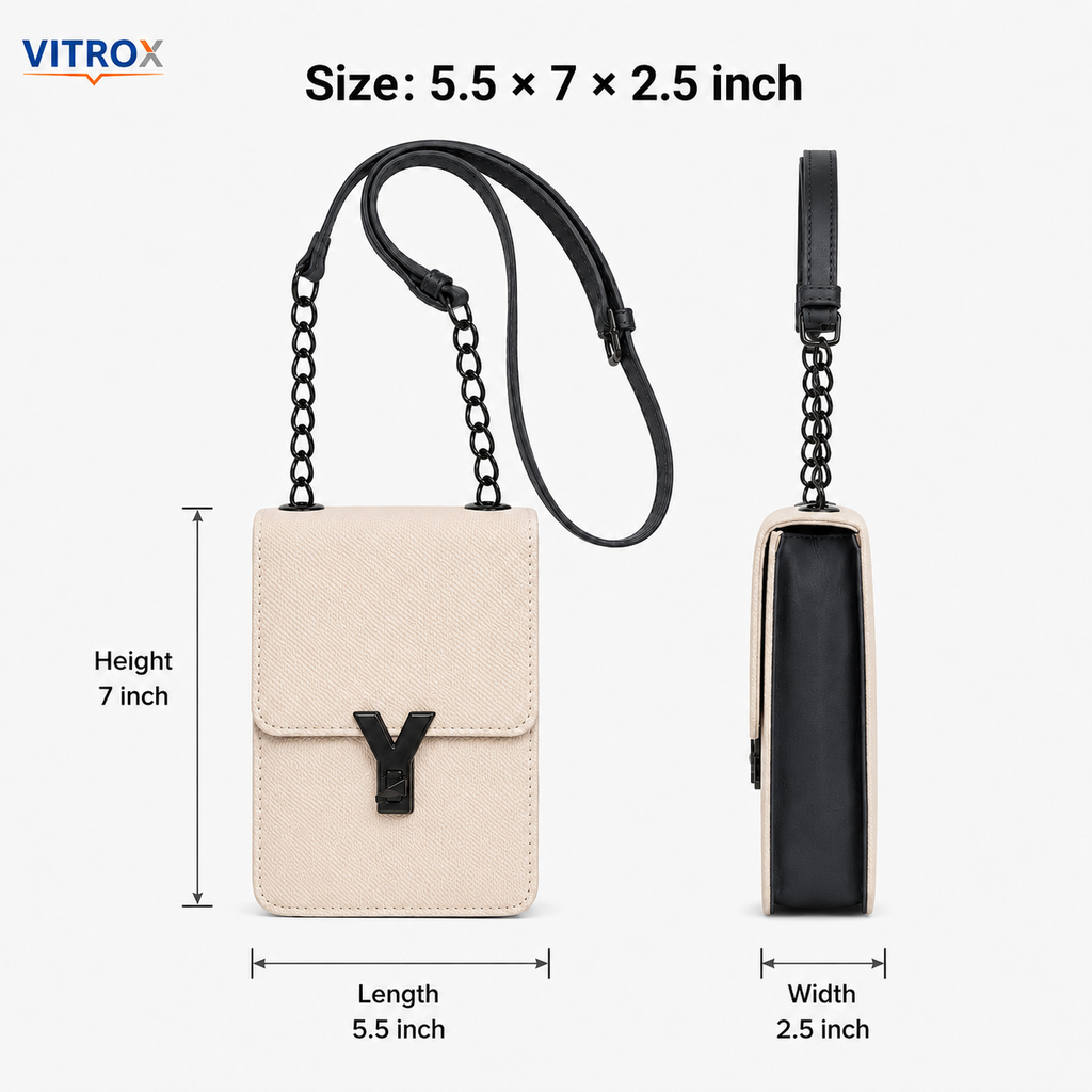 Women’s Cream & Black Textured Mini Crossbody Bag with Chain Detail and Adjustable Strap