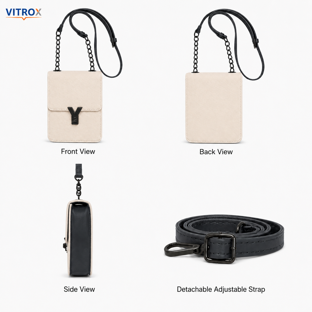 Women’s Cream & Black Textured Mini Crossbody Bag with Chain Detail and Adjustable Strap