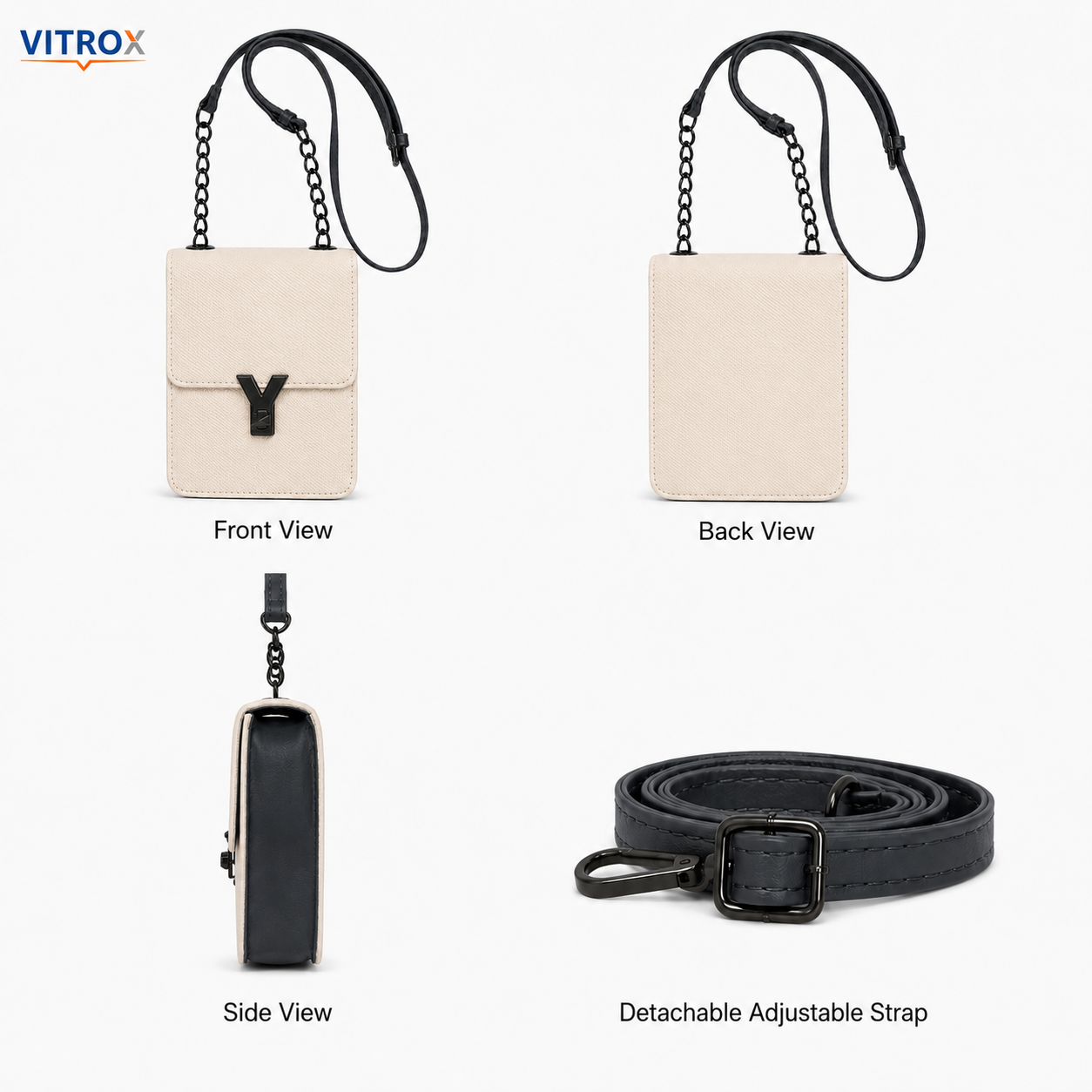Women’s Cream & Black Textured Mini Crossbody Bag with Chain Detail and Adjustable Strap