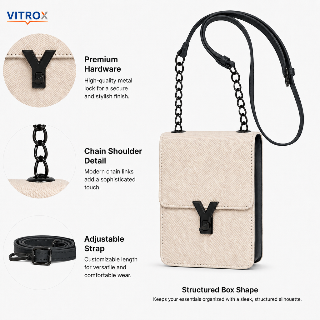 Women’s Cream & Black Textured Mini Crossbody Bag with Chain Detail and Adjustable Strap