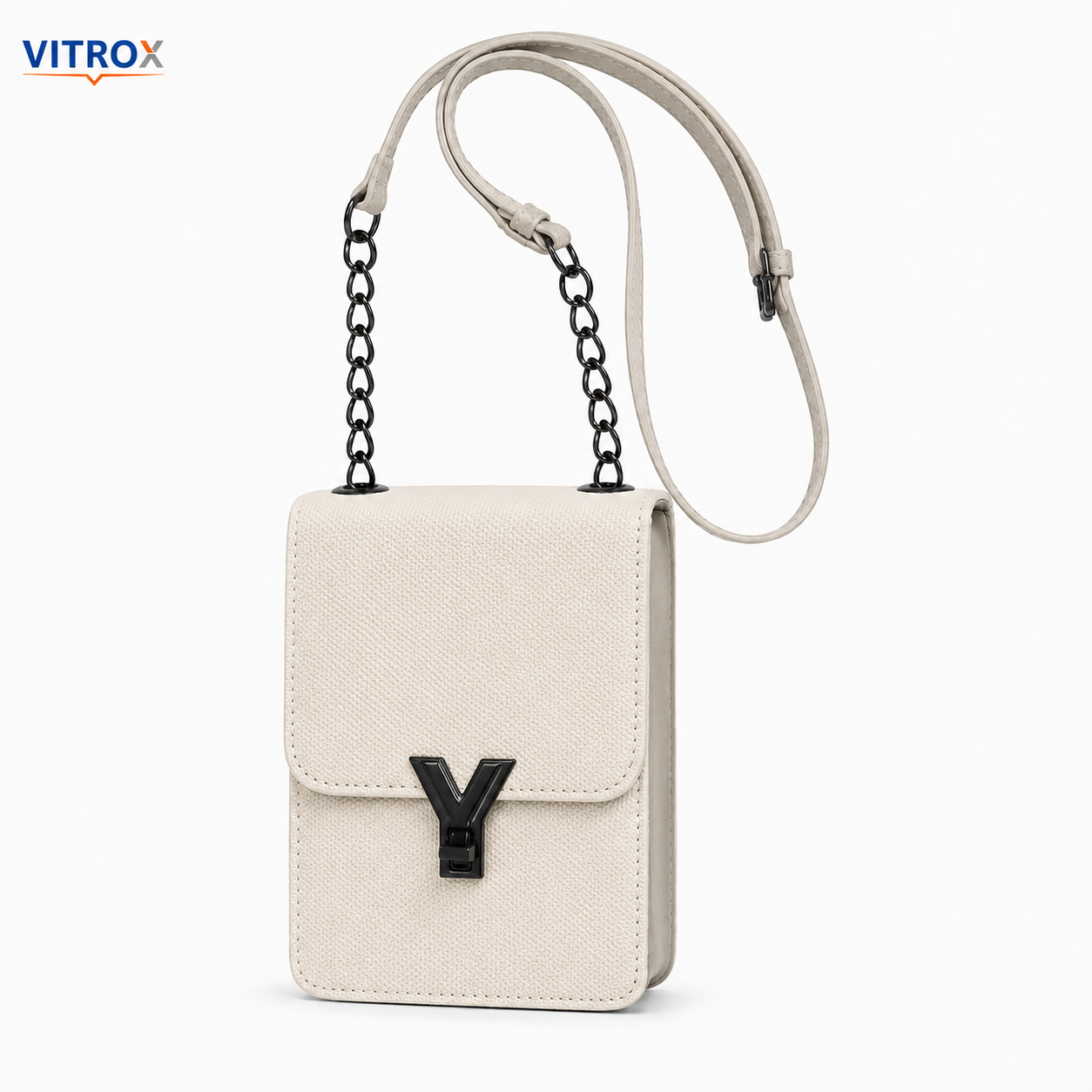 Women’s Cream Textured Mini Crossbody Bag with Chain Detail & Adjustable Strap