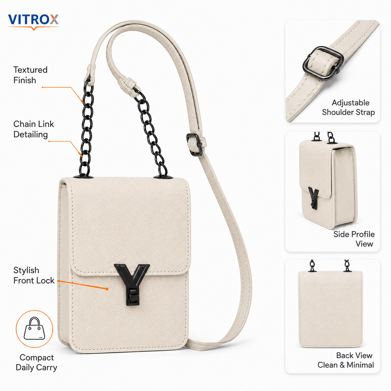 Women’s Cream Textured Mini Crossbody Bag with Chain Detail & Adjustable Strap