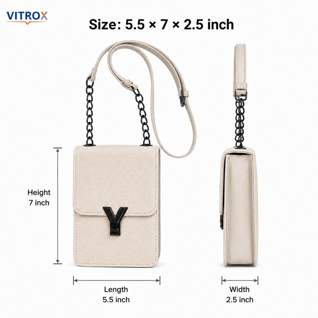 Women’s Cream Textured Mini Crossbody Bag with Chain Detail & Adjustable Strap