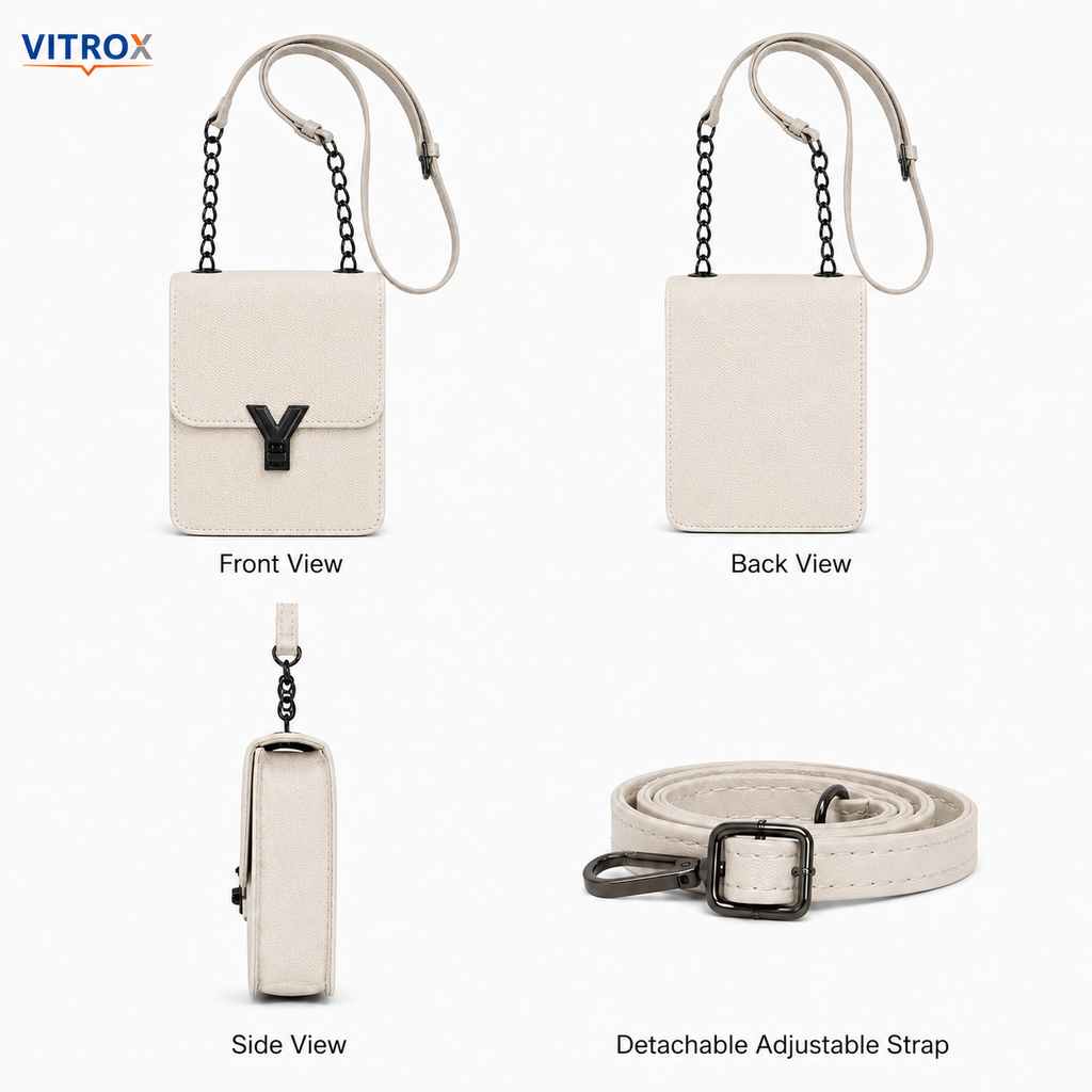 Women’s Cream Textured Mini Crossbody Bag with Chain Detail & Adjustable Strap