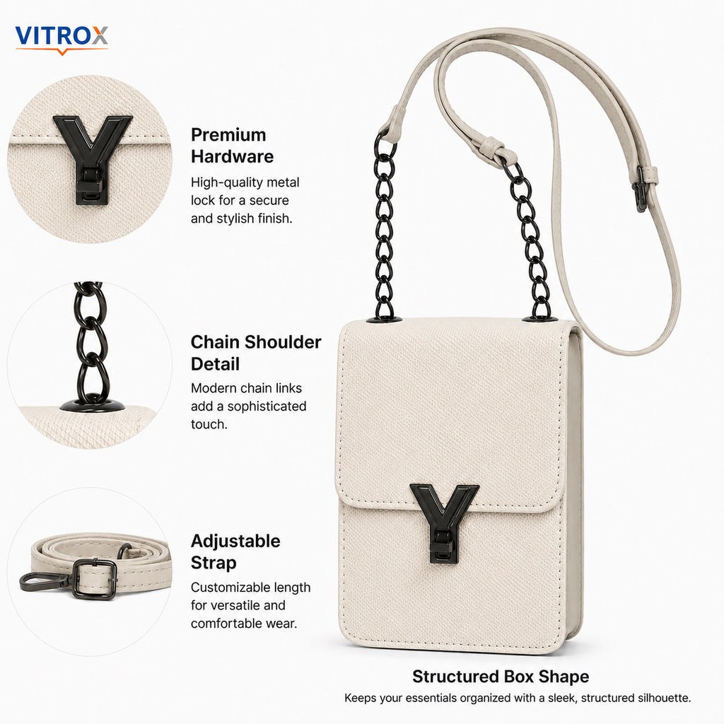 Women’s Cream Textured Mini Crossbody Bag with Chain Detail & Adjustable Strap