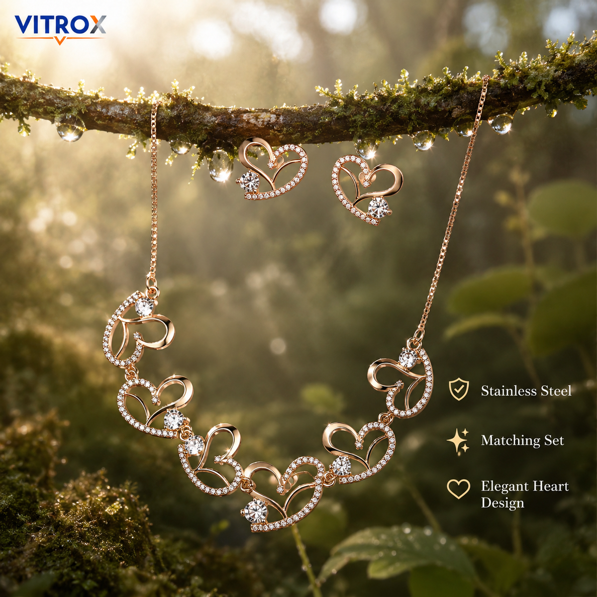 Rose Gold Heart Necklace & Matching Earrings Combo