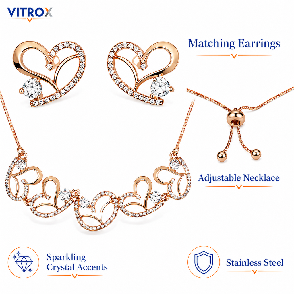 Rose Gold Heart Necklace & Matching Earrings Combo