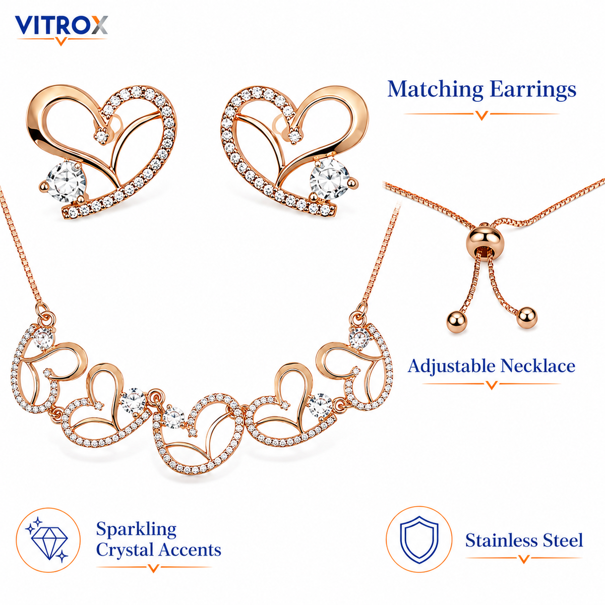 Rose Gold Heart Necklace & Matching Earrings Combo