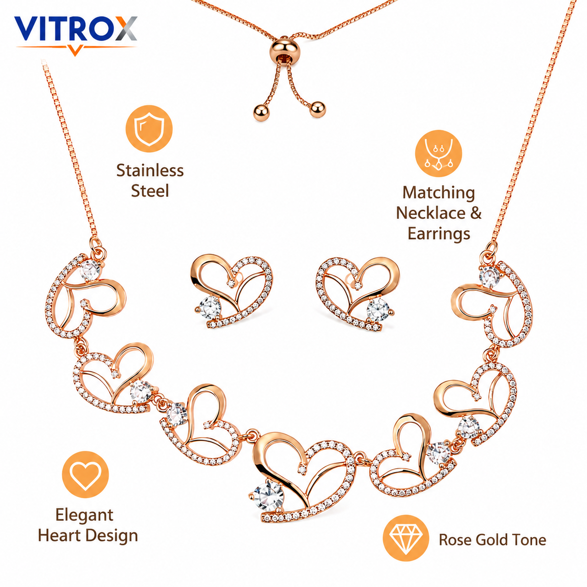 Rose Gold Heart Necklace & Matching Earrings Combo