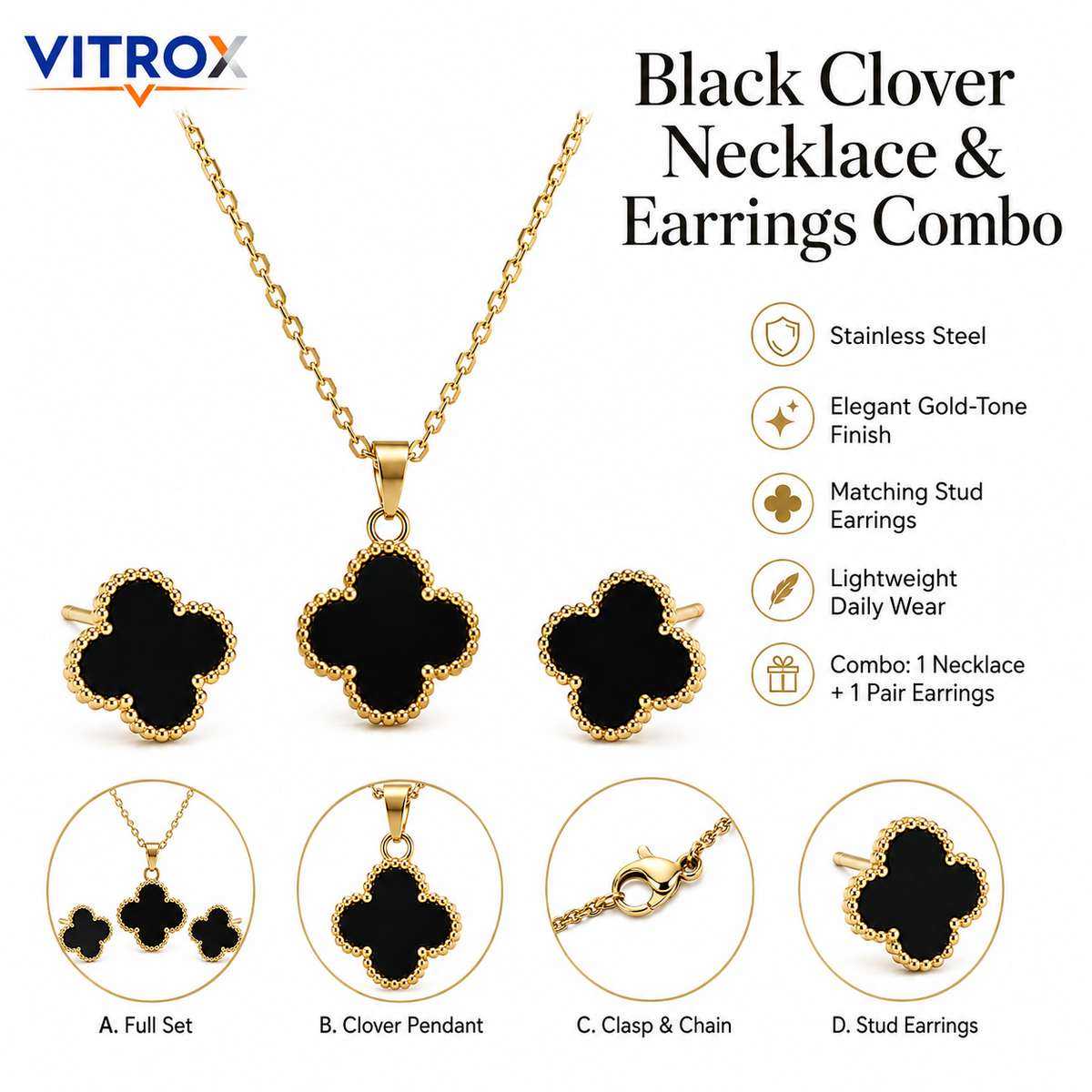 Black Clover Necklace & Stud Earrings Combo