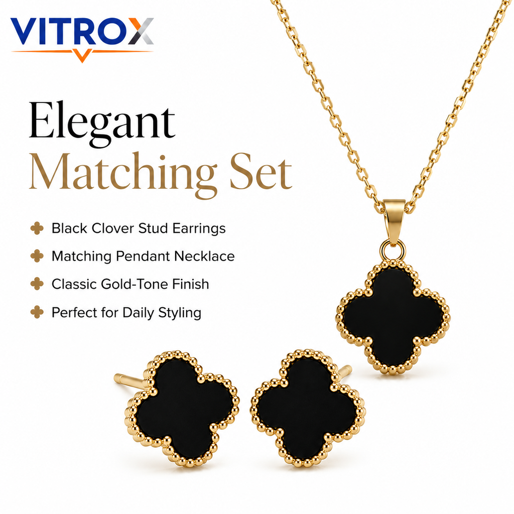 Black Clover Necklace & Stud Earrings Combo