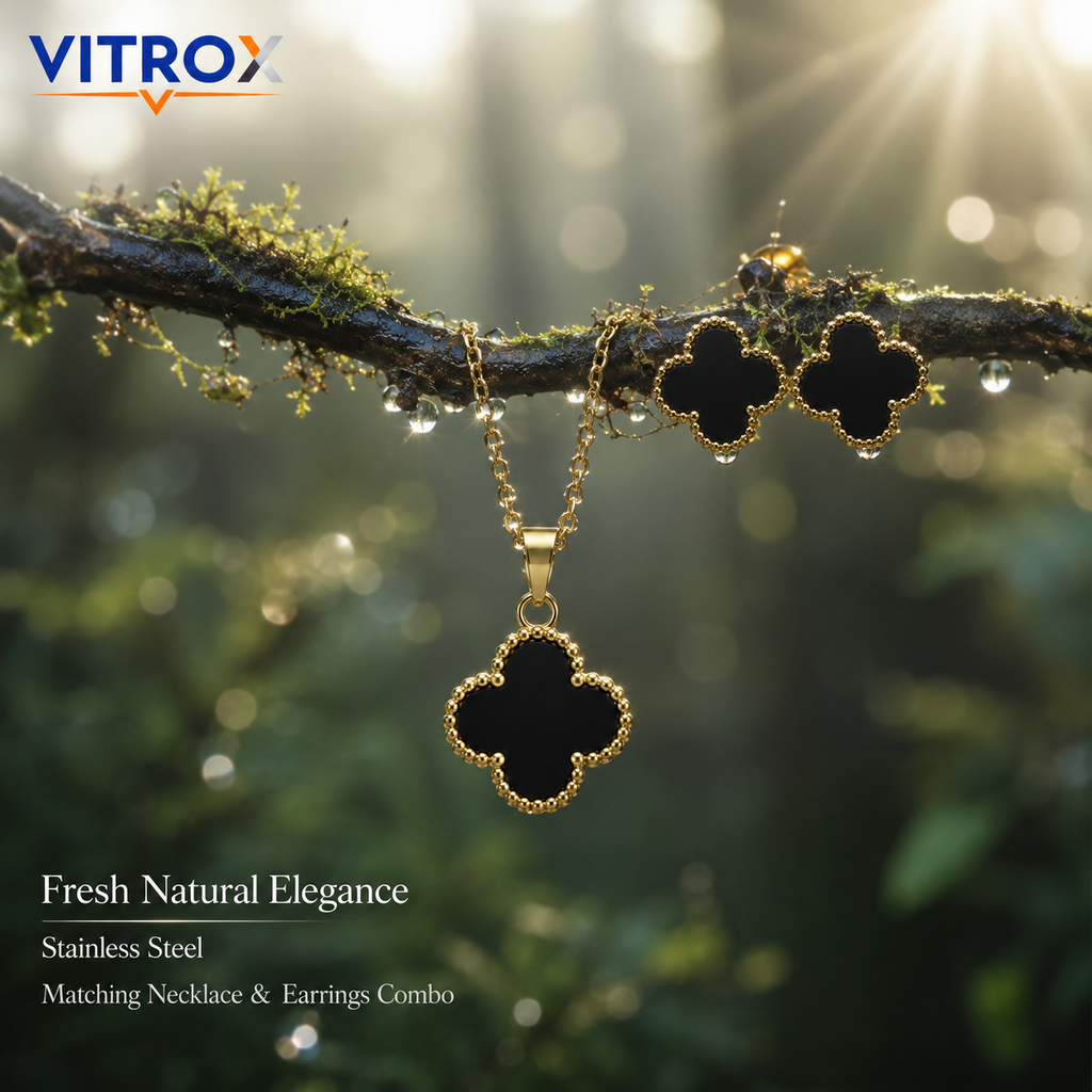 Black Clover Necklace & Stud Earrings Combo
