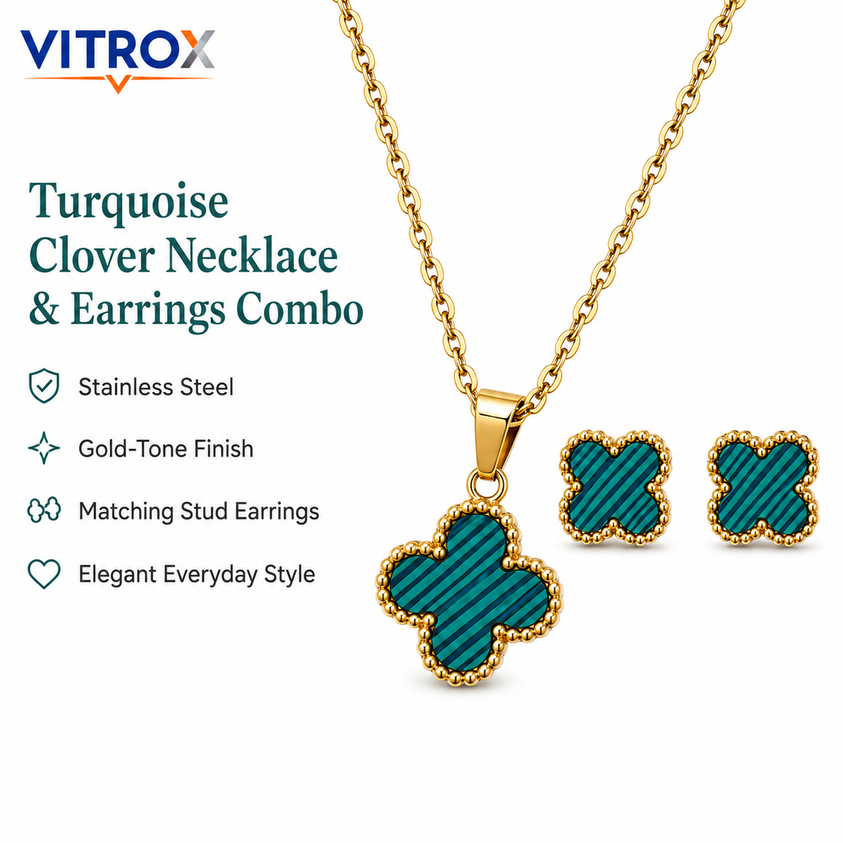 Turquoise Clover Necklace & Stud Earrings Combo