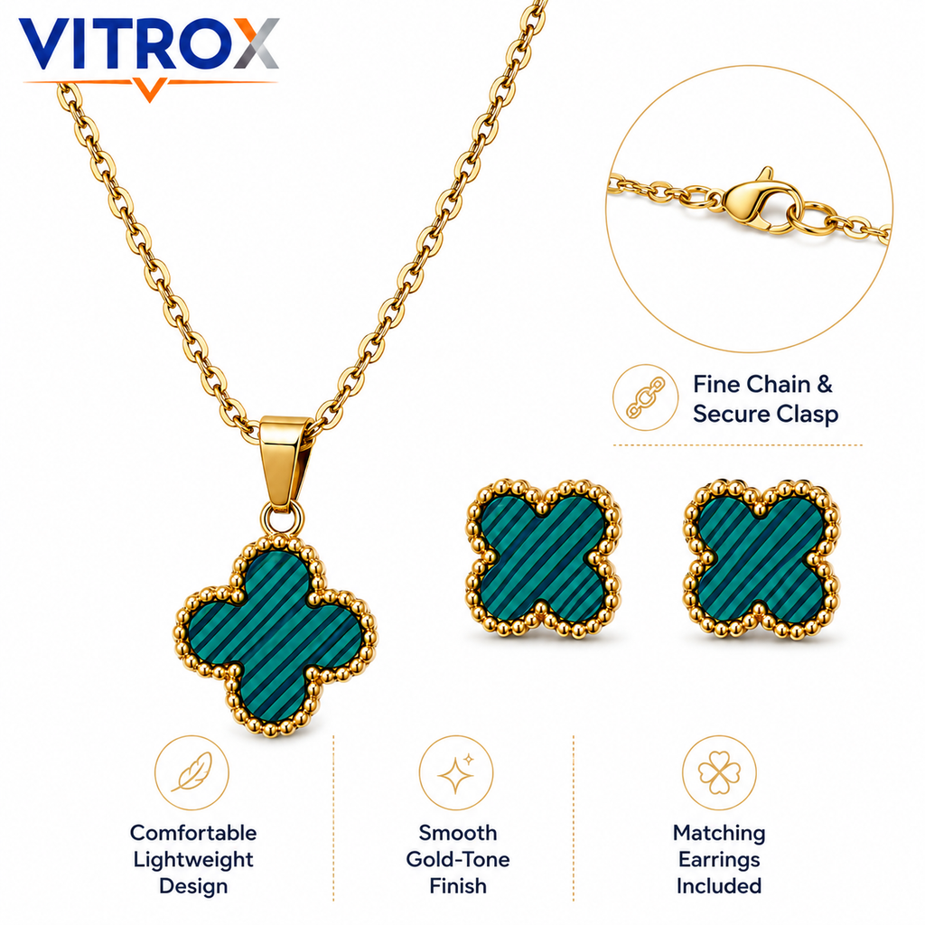 Turquoise Clover Necklace & Stud Earrings Combo